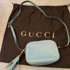 GUCCI Microguccissima Crossbody Disco Bag, light blue and gold